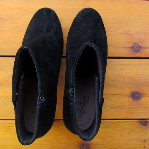 BLACK ANKLE BOOTS, CLARKS NWOT 8.5 8 1/2 SUEDE, INSIDE ZIPPERS, 3 1/4" HEELS - Picture 10 of 10